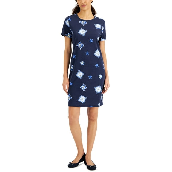 Karen Scott Womens Nautical Treasures Printed Dress Intrepid Blue XS