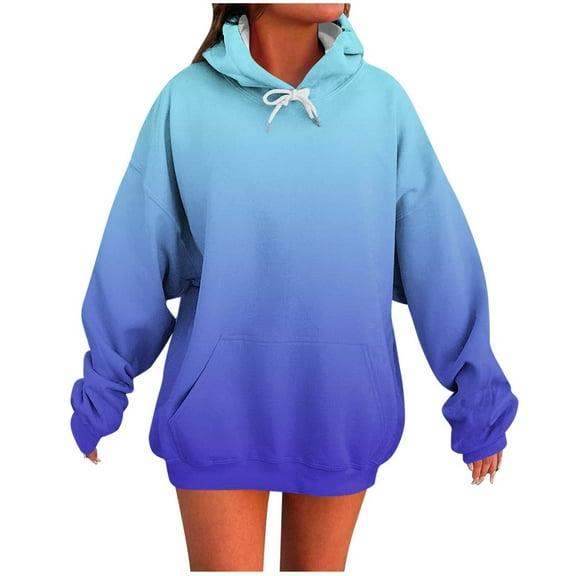 XPMWRP Women's Gradient Color Oversized Hoodies Drawstring Sweatshirt Long Sleeve Loose Fit Comfortable Pullover with Pockets Blue XXL