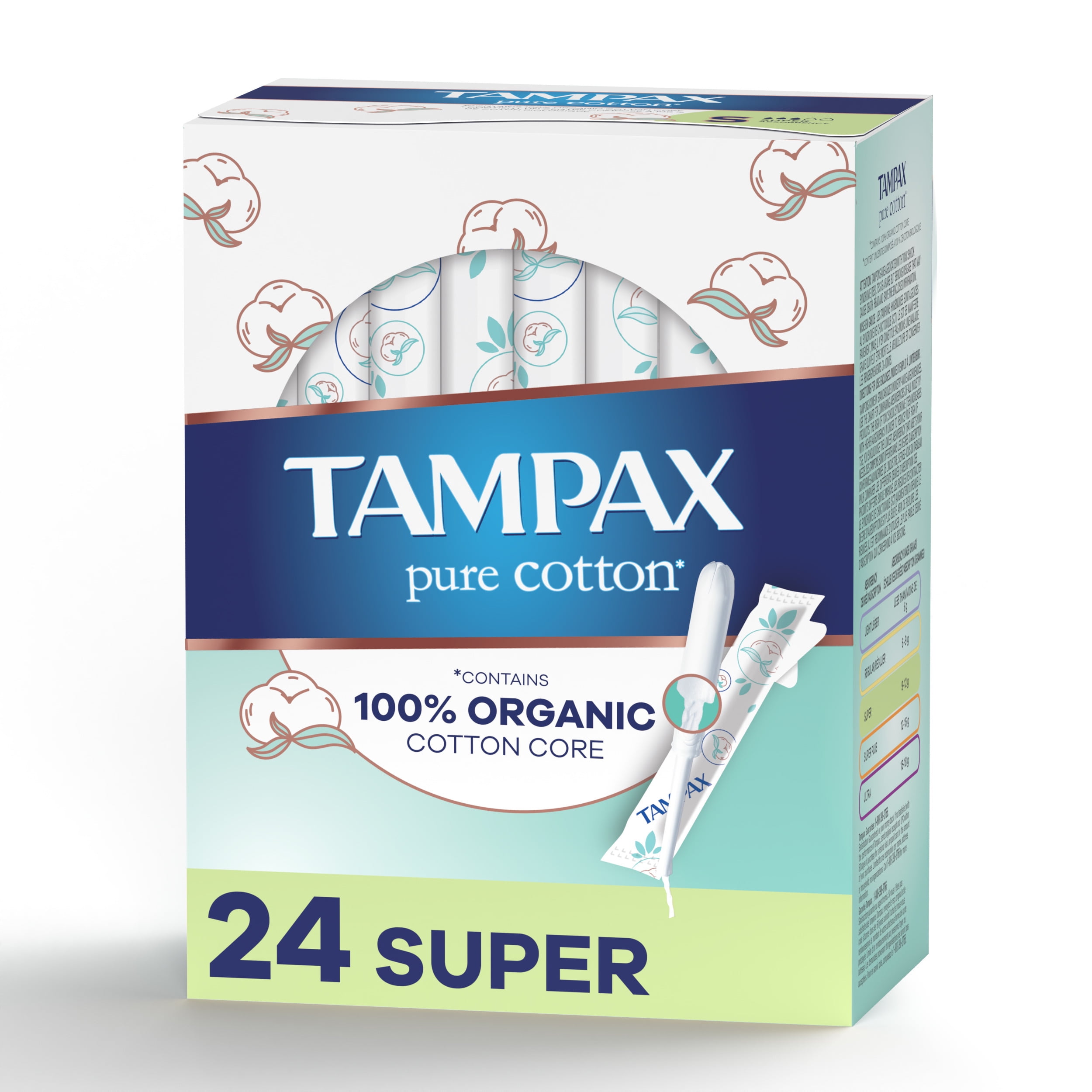 Tampax Pure Cotton Tampons, Contains 100 Organic Cotton Core, Super Absorbency, 24 Ct
