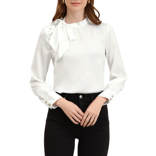 CAMISA DE SATÉN ELEGANTE PARA MUJERES INSPIRADA CHIC CON LAZO PARA OFICINA BLUSAS TOPS BLANCA S