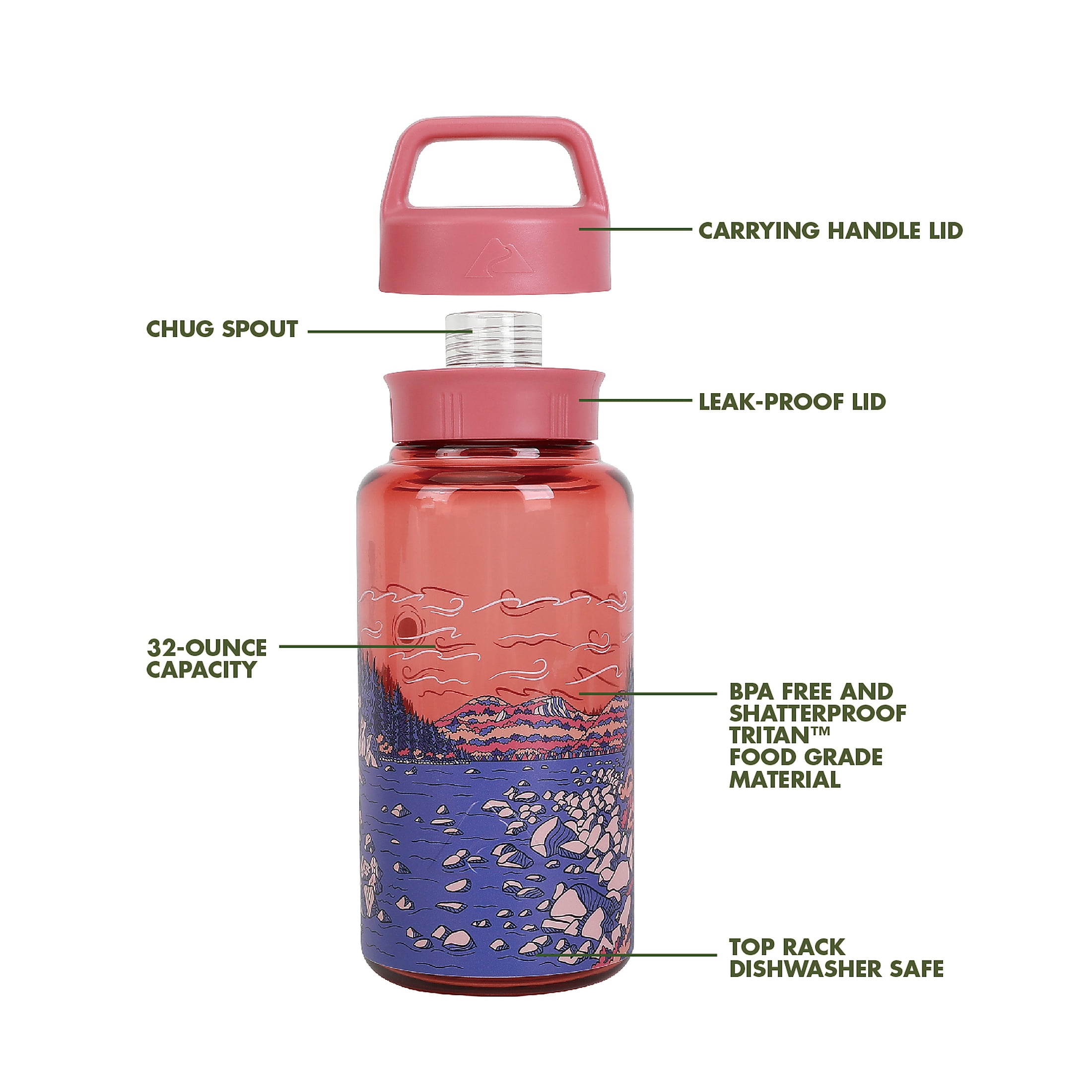 Ozark Trail 32 oz Tritan Water Bottle with Chug Cap, Granite Coast