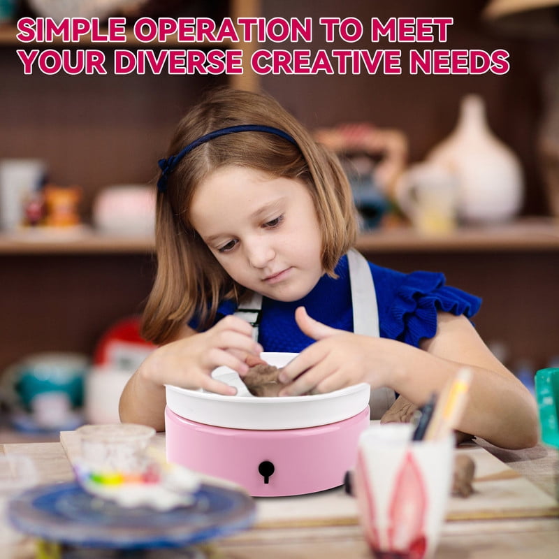 Mini Pottery Wheel，9.45”Pottery Wheel for Adults Beginners Kids, Movable Turntable with Adjustable Speed with 16 Pottery Shaping Tools，Pink