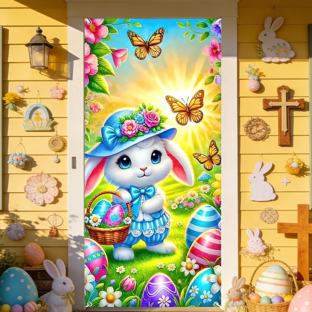 weibbin Easter Bunny Door Banner with Eggs - 35x71 Inch Vertical Polyester Flag for Front Door, Spring Party Backdrop, Style A