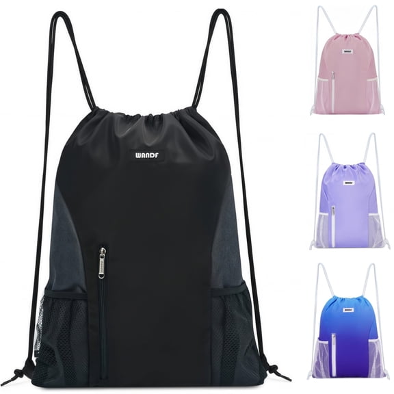 Sports Drawstring Backpack with Mesh Pockets, Waterproof Gym Bag String Backpack for Men Women, Large Capacity Athletic Sackpack for Travel, Swimming, Cycling(Black)