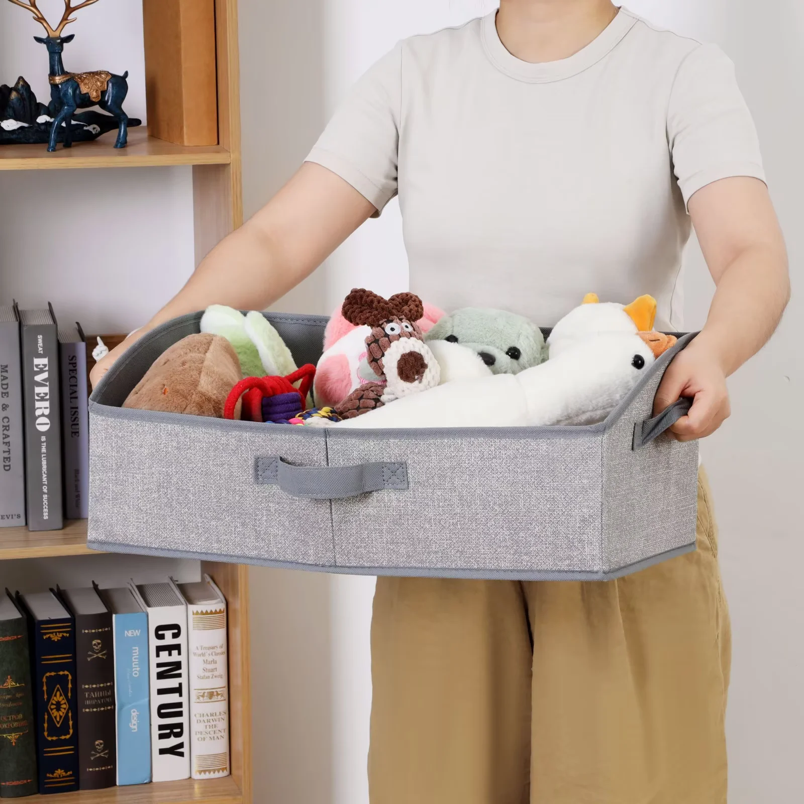 Jumpress 2 Pack Dog Toy Basket, Collapsible Dog Toy Bin with Handle, Fabric Trapezoid Dog Toy Box Storage for Pet Toys,Blankets,Clothes and Accessories (Gray)