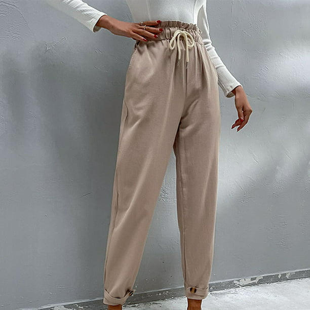 Womens Cotton Linen Pants Elastic Waist Drawstring Straight Leg Pants  Casual Loose Work Lounge Trousers with Pockets