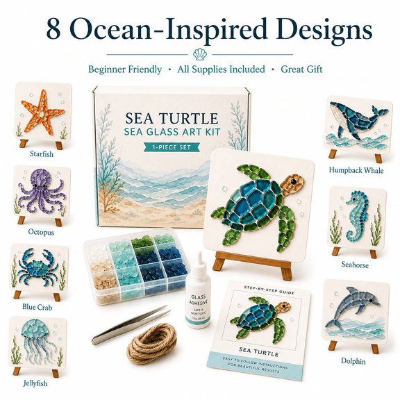 DIY Sea Glass Mosaic Art Kit, Premium Ocean Glass Art Craft Set, Handmade Coastal Mosaic Decoration Kit with Colorful Seaglass Pieces for Adults Beginners Gift