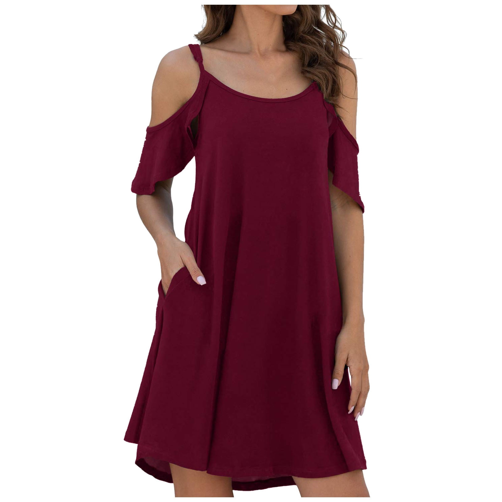 Wocleiliy Women's Summer Casual Dress Cold Shoudler Ruffle Sleeves Dresses  With Pocket, please buy one or two sizes larger than normal - Walmart.com