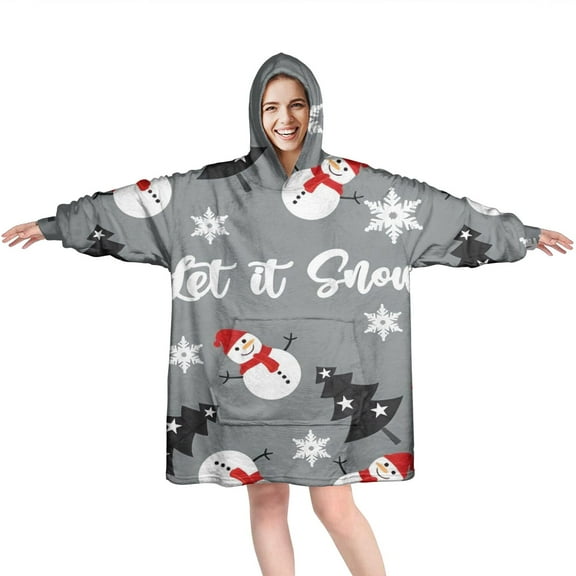 Wearable Oversized Blanket,Gray Christmas Snowman Pattern Wearable Blanket Hoodie for Adults,Cozy Hooded Blankets with Super Pockets,Super Warm Fuzzy Pullover for Women & Men