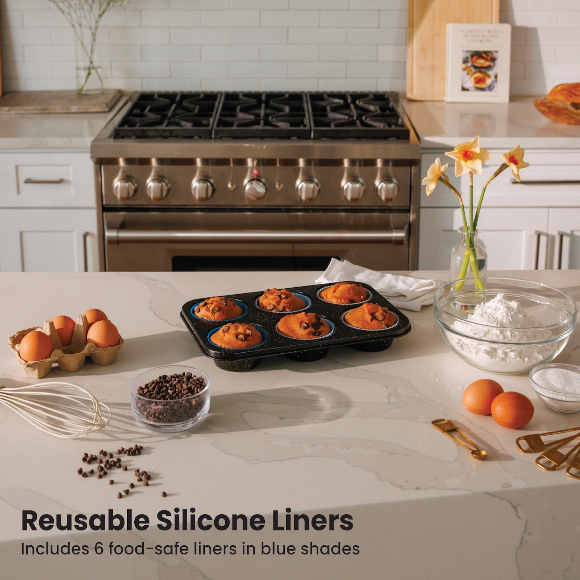 Thyme & Table 6 Cup Non-Stick Jumbo Muffin Pan, 6 Silicone Liners - Black