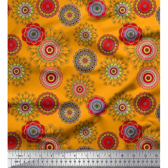 Soimoi Orange Heavy Canvas Fabric Artistic Flower Mandala Print Sewing Fabric Yard 58 Inch Wide