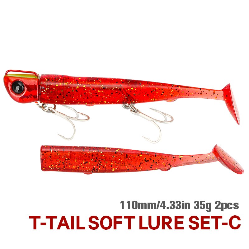Dechoicelife Jig Head Long Casting T Tail Soft Lure Set 110mm 35g 2pcs Lure Body Seabass