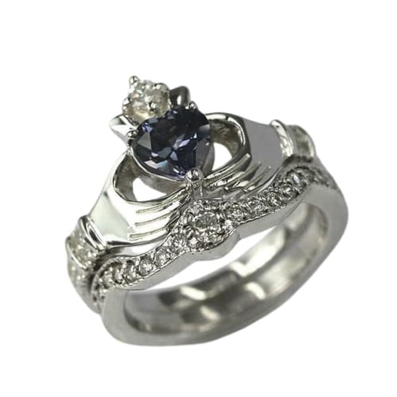 HeartsAndYou 2ct Natural Tanzanite Diamond Ring Claddagh Bridal Set 100% 14k SOLID White Gold