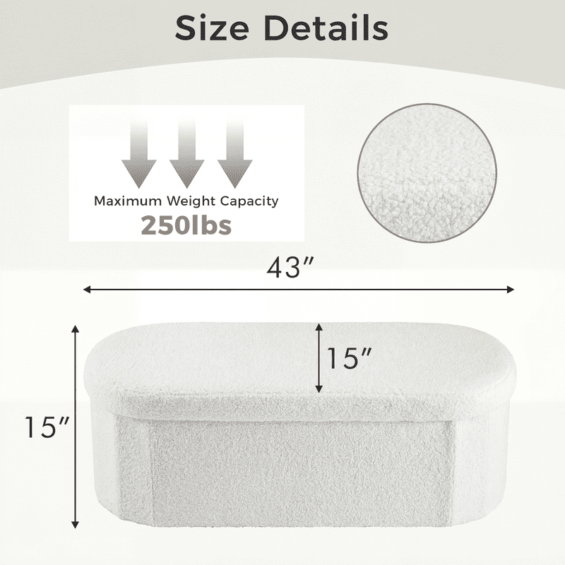 Gianna 43 Inch Ottoman with Storage, Folding Foot Rest for Living Room & Bedroom, Versatile Home Bench, White