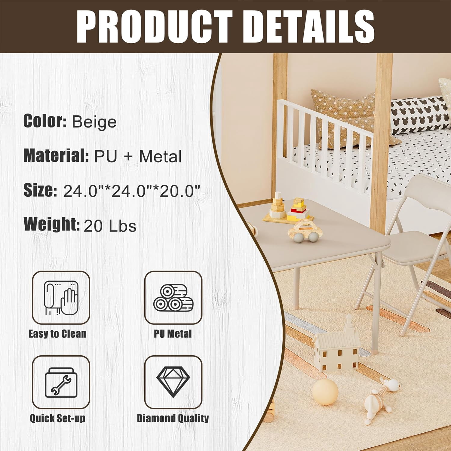 COZONY 3 Piece Kids Folding Table and Chair Set, Pu Soft Cushion, Portable Table and Chair Set for Playing, Reading, Eating, Beige