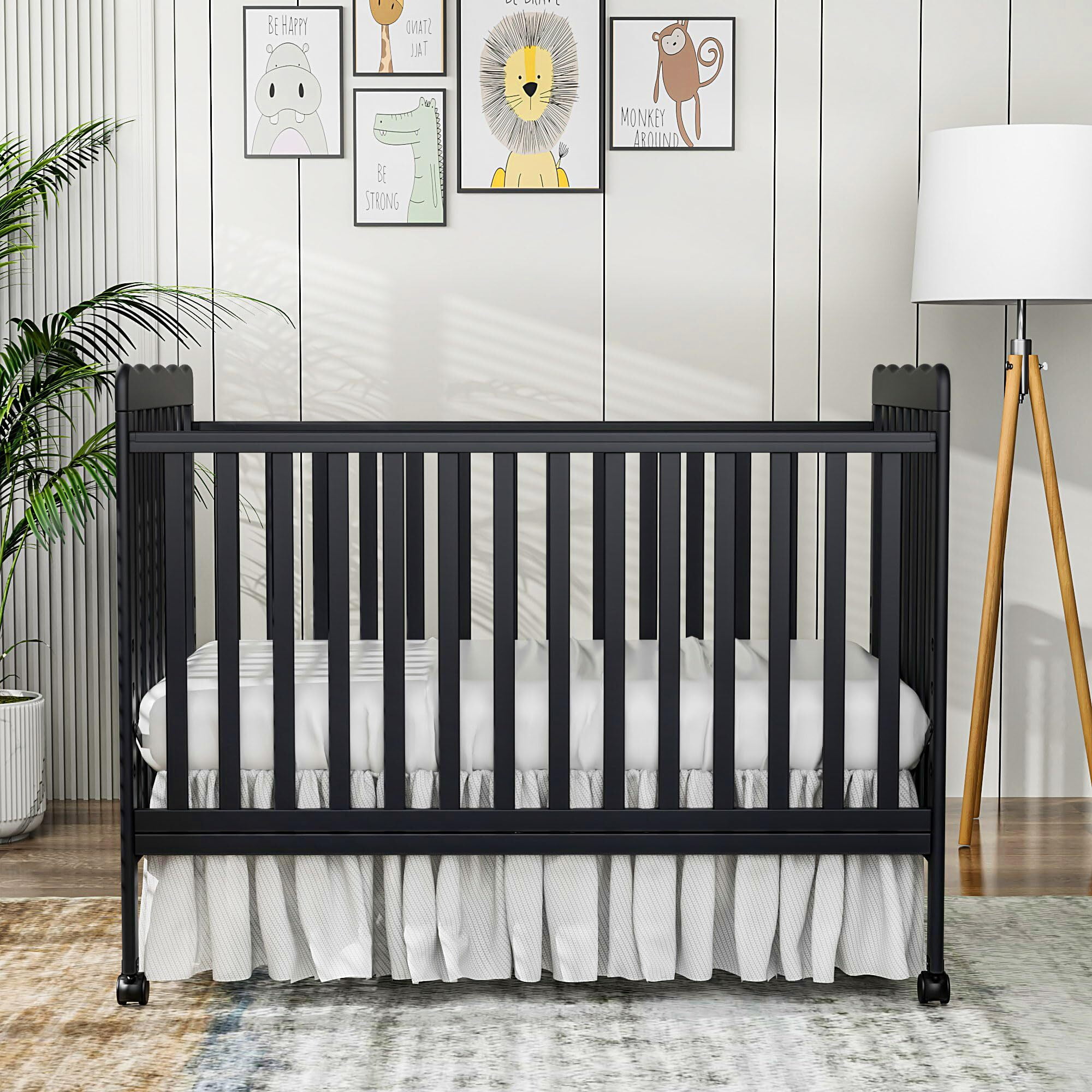 Baby Convertible Crib 3 In 1, Converts from Baby Crib to Toddler Bed, New Zealand Pinewood Baby Bed with Locking Wheels and Teething Rail, Crib with 4 Height Adjustment and Non Toxic Finish, Black