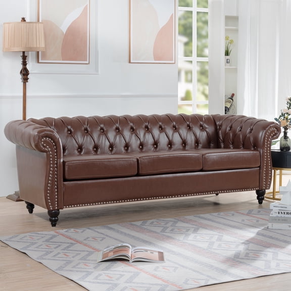 84 Inch Dark Brown PU Chesterfield Sofa, 3 Seater Tufted Living Room Sofa with Nailhead Trim