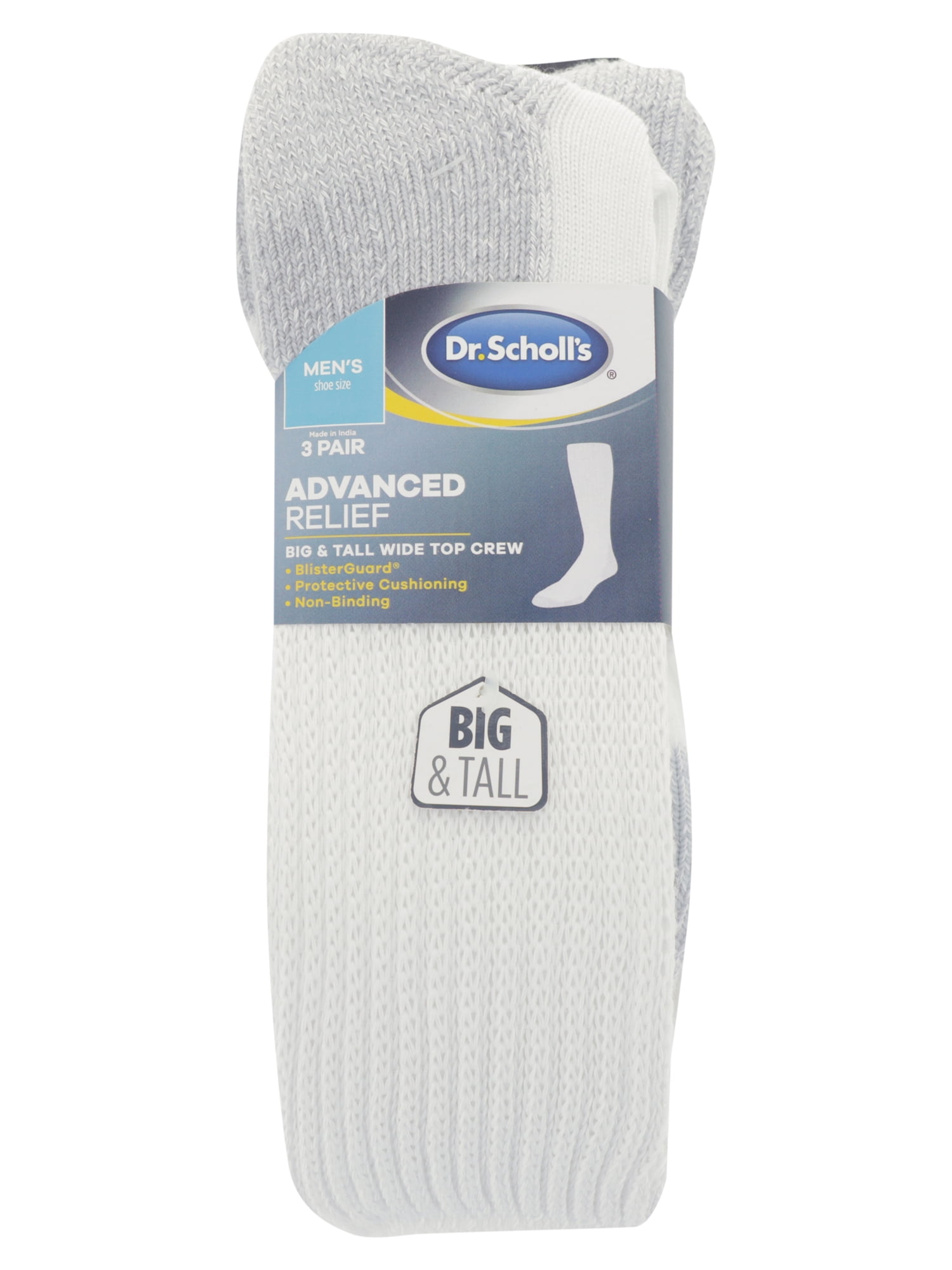Dr. Scholl's Men's Big and Tall Advanced Relief Blister Guard Wide Top Crew Socks, 3-Pack