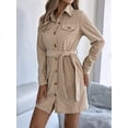 thumbnail image 6 of Women'S Collar V Neck Button Down Pleated Long Sleeve Mini Shirt Dress with Belt Khaki XL, 6 of 8