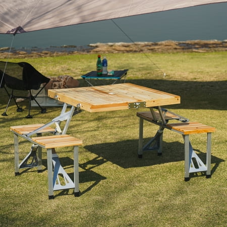 EURO SAKURA Folding Picnic Table Beach Set with Seats Chairs for Patio Garden Yard Outdoor Travel BBQ Party.Wood.