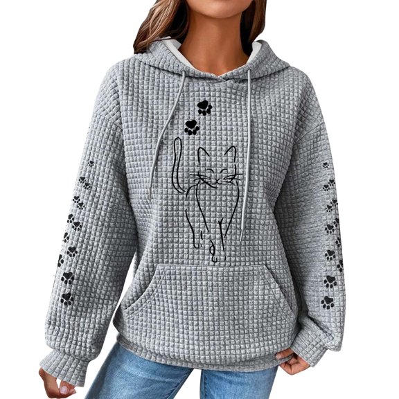 Paiyanr Sweatshirts for Women Cute Cat Print Pullover with Pockets Round Neck Long Sleeved Hoodies Gray