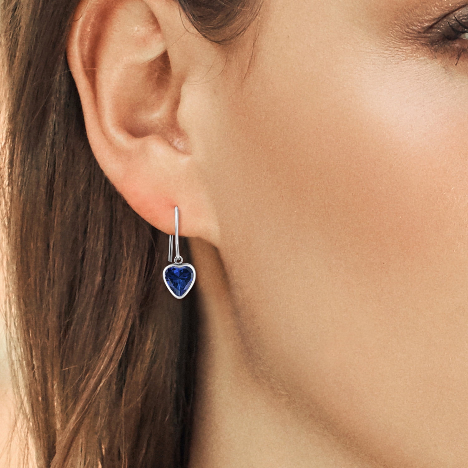 Gem Stone King 1.92 Cttw Blue Created Sapphire French Wire Dangle Hook Earrings for Women | 925 Sterling Silver | Gemstone September Birthstone | Heart Shape 6MM