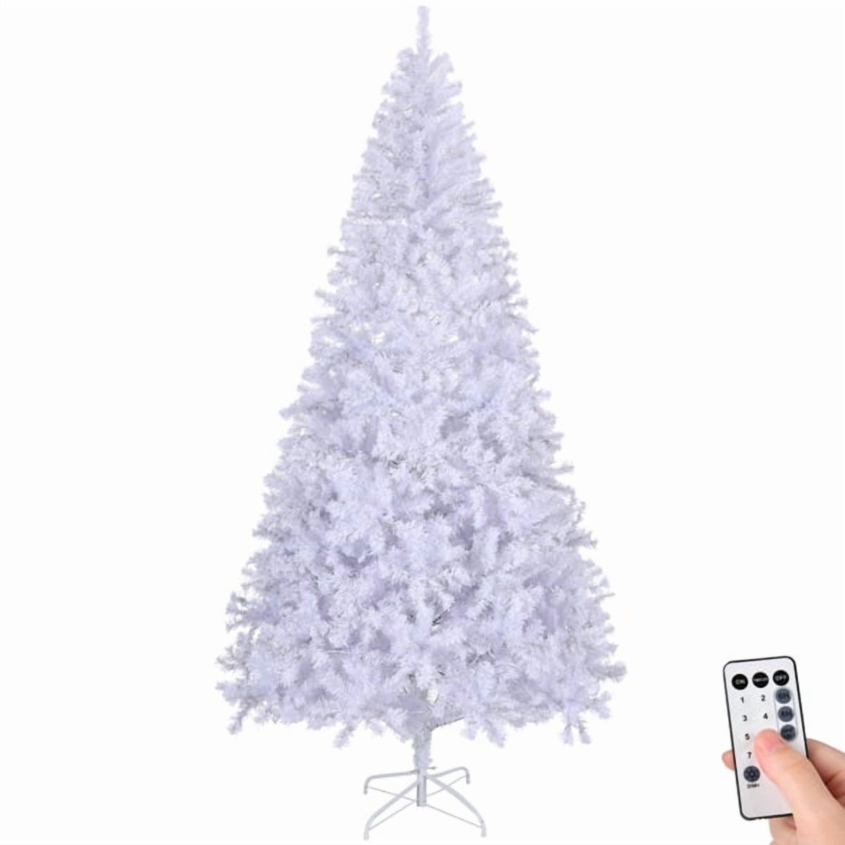 8FT Pre-Lit White Christmas Tree, 1500 PVC Branch Tips, 200 Cold White LEDs, Sturdy Iron Stand, Flame-Retardant Artificial Holiday Centerpiece