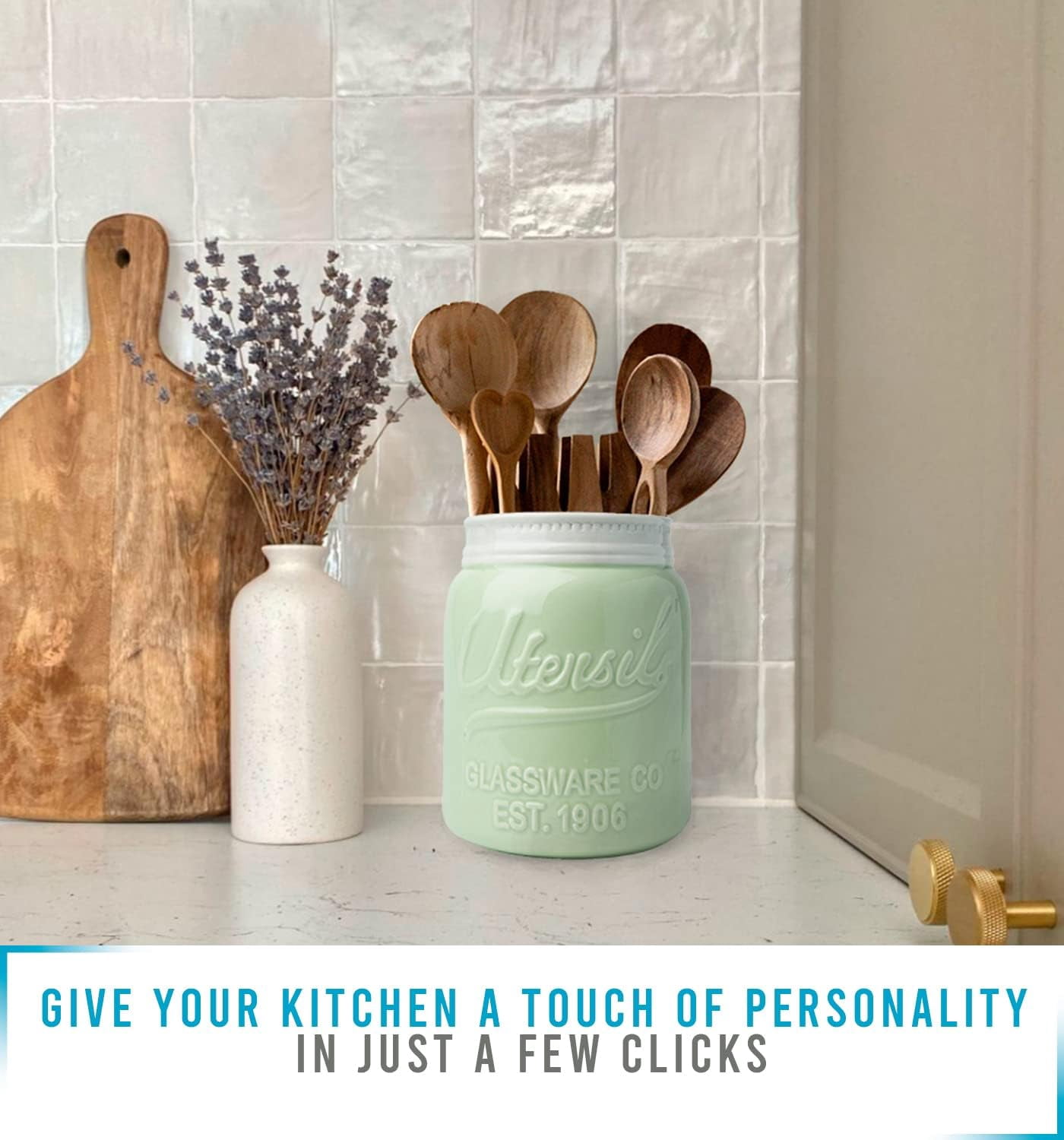 Comfify Ceramic Mason Jar Utensil Holder, Farmhouse Kitchen Countertop Organizer for Spoons, Spatulas & Cooking Tools, Decorative Green