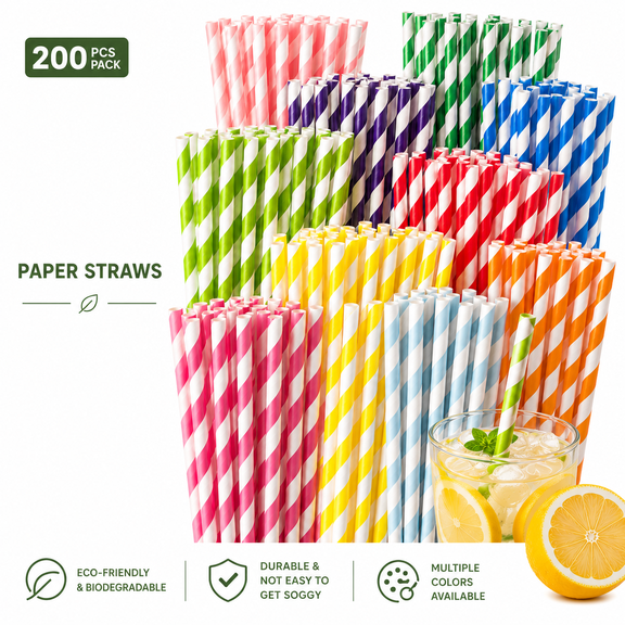 Genreeen Paper Straws Disposable - 200 Pack - Durable & Non-Soggy Striped Paper Straws for Drinking in 10 Colors - 100% Biodegradable & Eco-Friendly for Parties, Events, Crafts & Everyday Use