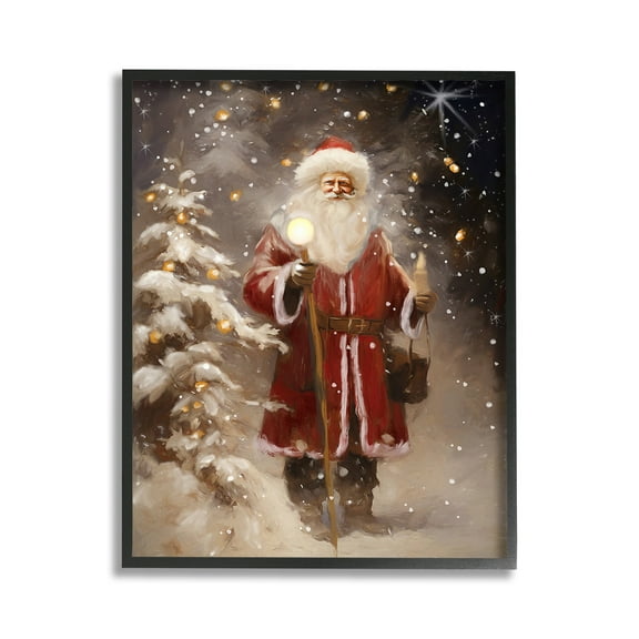 Stupell Industries Santa in Snowy Night Scene Holiday Painting Black Framed Art Print Wall Art, 11 x 14