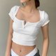 thumbnail image 3 of Camiseta de verano blanca de manga corta ajustada con ribete decorativo y botones para mujer, talla S, 3 of 8