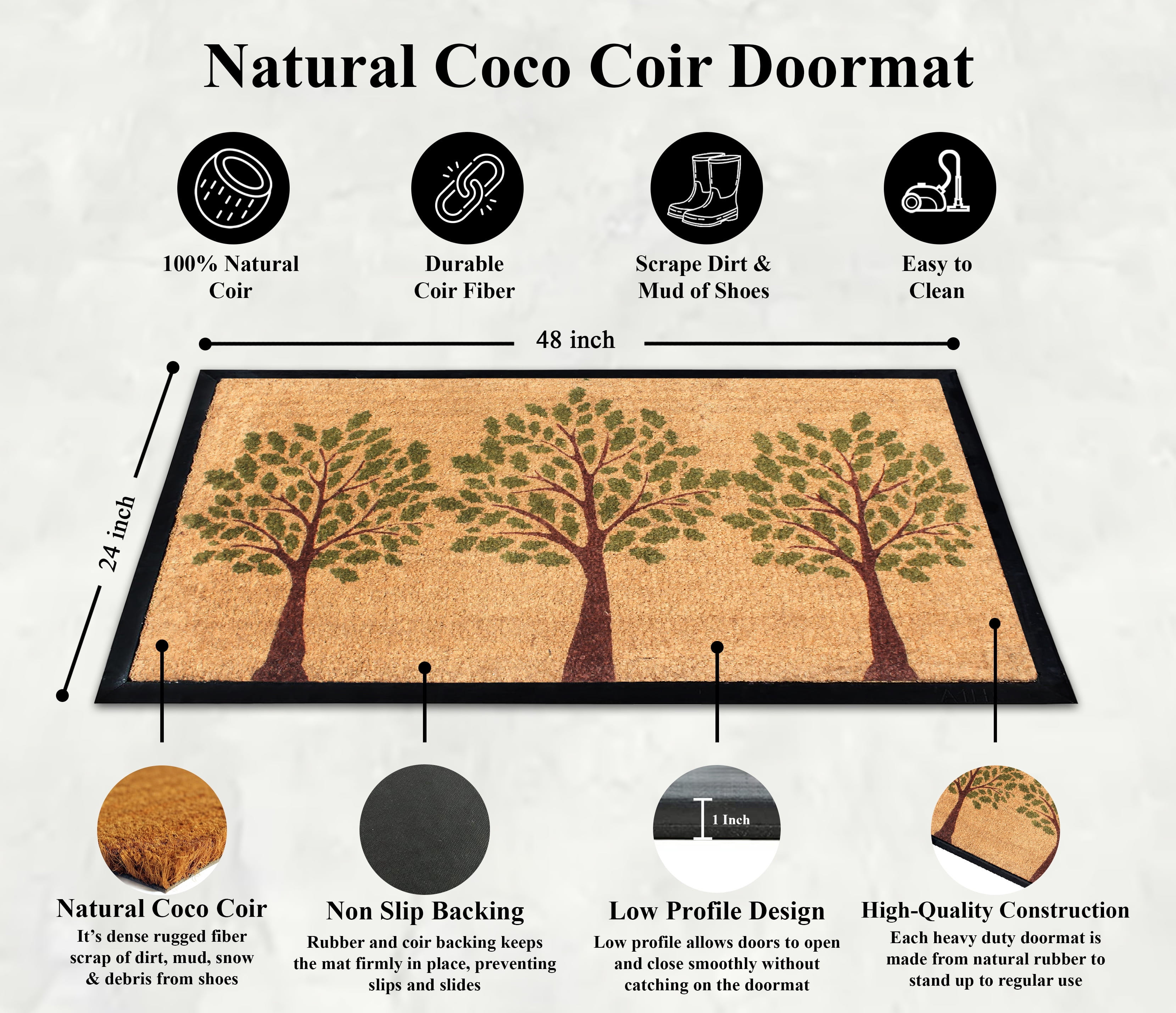 A1HC 24"x48" Green Three Tree Coir & Rubber Doormat, Durable Non-Slip Thin Large Welcome Mat for Front Door & High Traffic Areas
