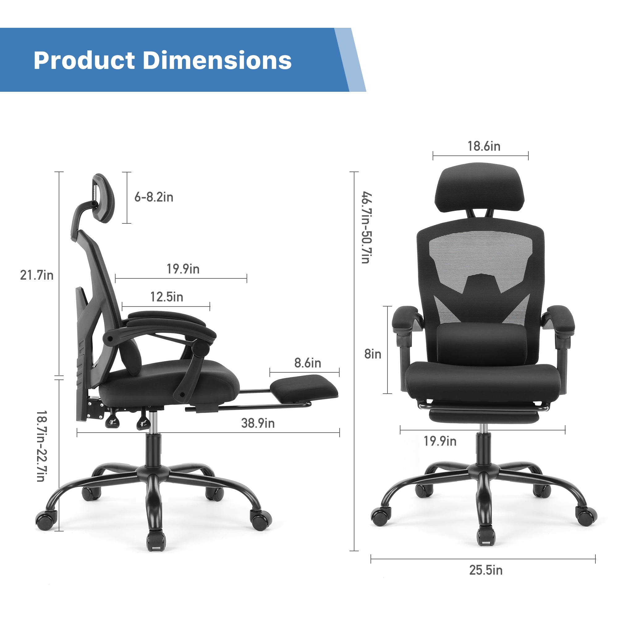 CONCETTA Ergonomic High Back Mesh Office Chair with Headrest, Footrest, Armrests for Adults, Black
