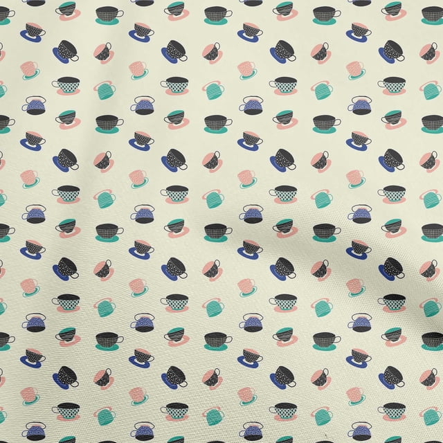 oneOone Rayon Beige Fabric Utensils Tea Cups Sewing Material Print Fabric By The Yard 56 Inch Wide