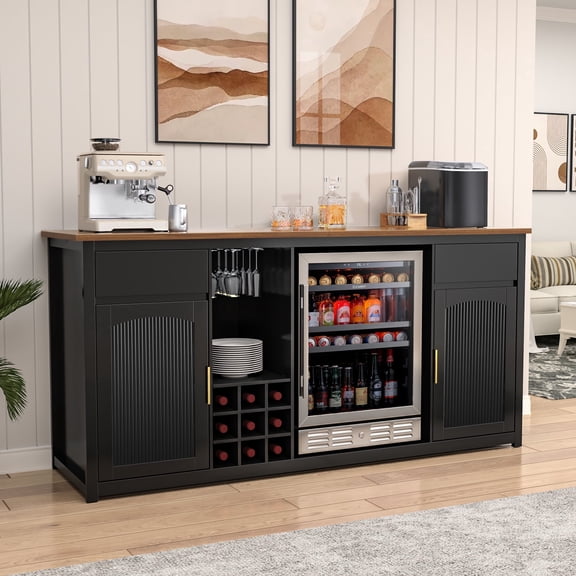 Extra Long Bar Cabinet with Fridge Space, Modern Wine Cabinet,78.7", Black