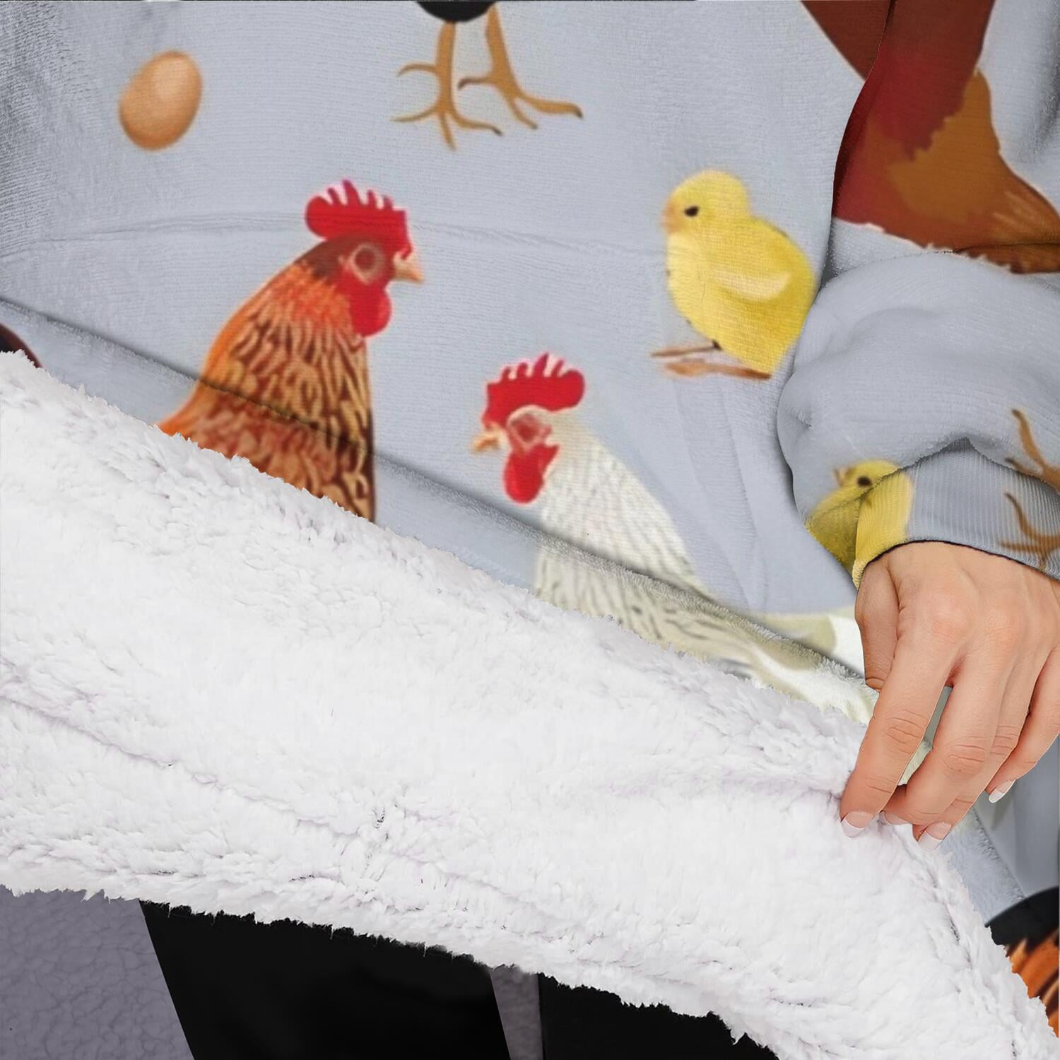 Oversized Wearable Blanket Hoodie,Gray Chicken Chick Egg Pattern Sherpa Blanket Hoodie with Super Pockets,Super Warm Fuzzy Pullover for Women & Men