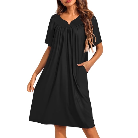 DOPI Women's Nightgown Short Sleeve House Dress with Pockets Comfy Loungwear Black Sleepwear