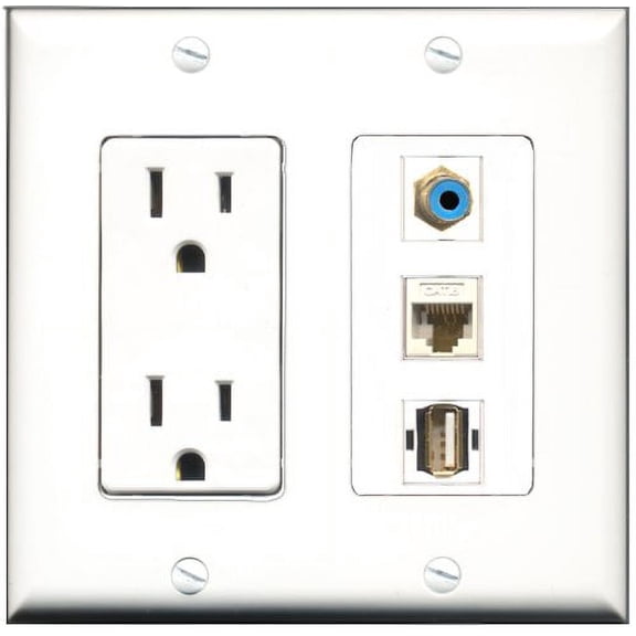 RiteAV - 15 Amp Power Outlet 1 Port RCA Blue 1 Port USB A-A 1 Port Cat6 Ethernet Ethernet White Decorative Wall Plate
