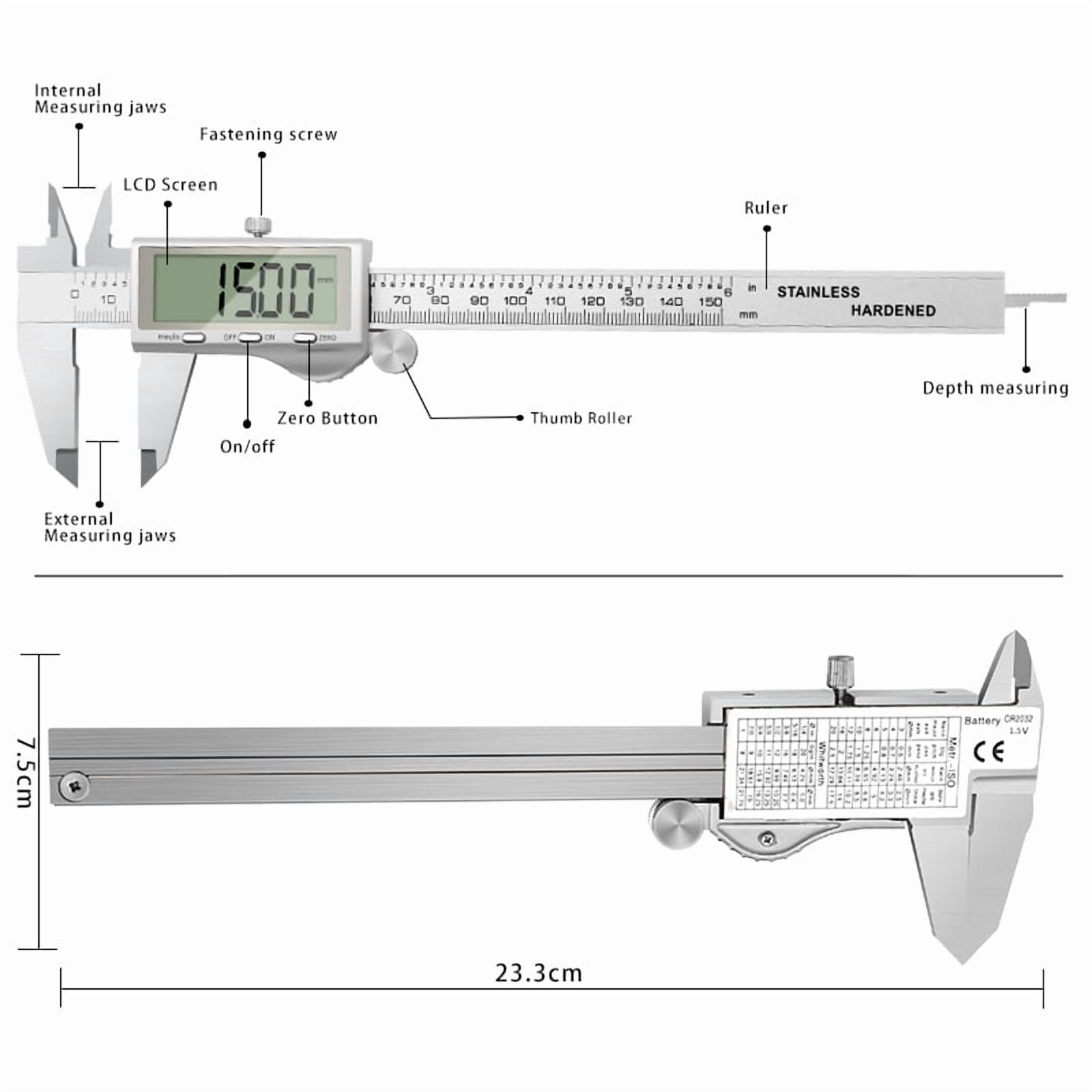 DITRON Digital Caliper 150mm/6" Large LCD Screen Electronic Digital Caliper Stainless Steel Metal Digital Vernier Caliper