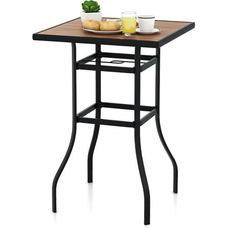 PRZL Patio Bar Table with Umbrella Hole, 27.5” Outdoor Square Tabletop Bar Height Table, Heavy-Duty Metal Frame, Bistro High Top Dining Table for Garden Backyard Poolside