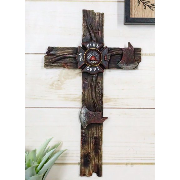 Rustic Western Fire Department Maltese Emblem Badge Fireman Axes Wall Cross 12"H