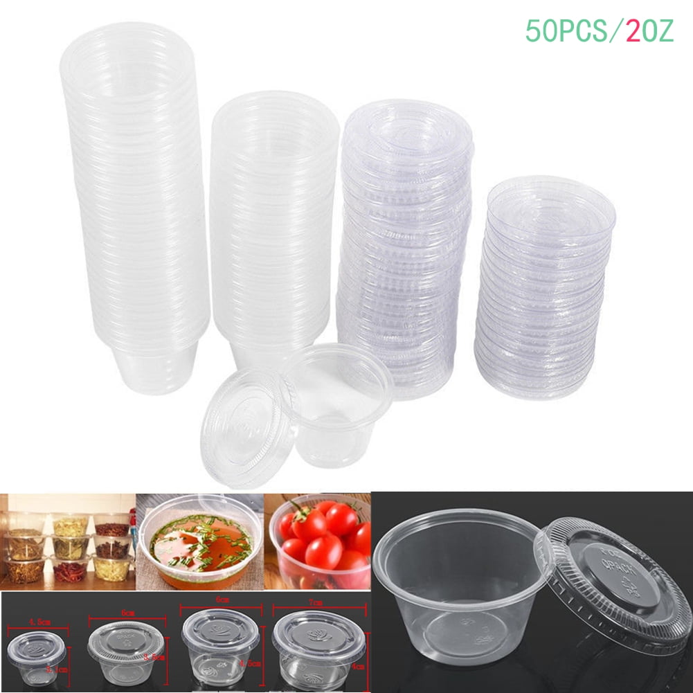 50Pcs 1oz/2oz Disposable Plastic Takeaway Sauce Cup Containers Food Box w/ Hinge 