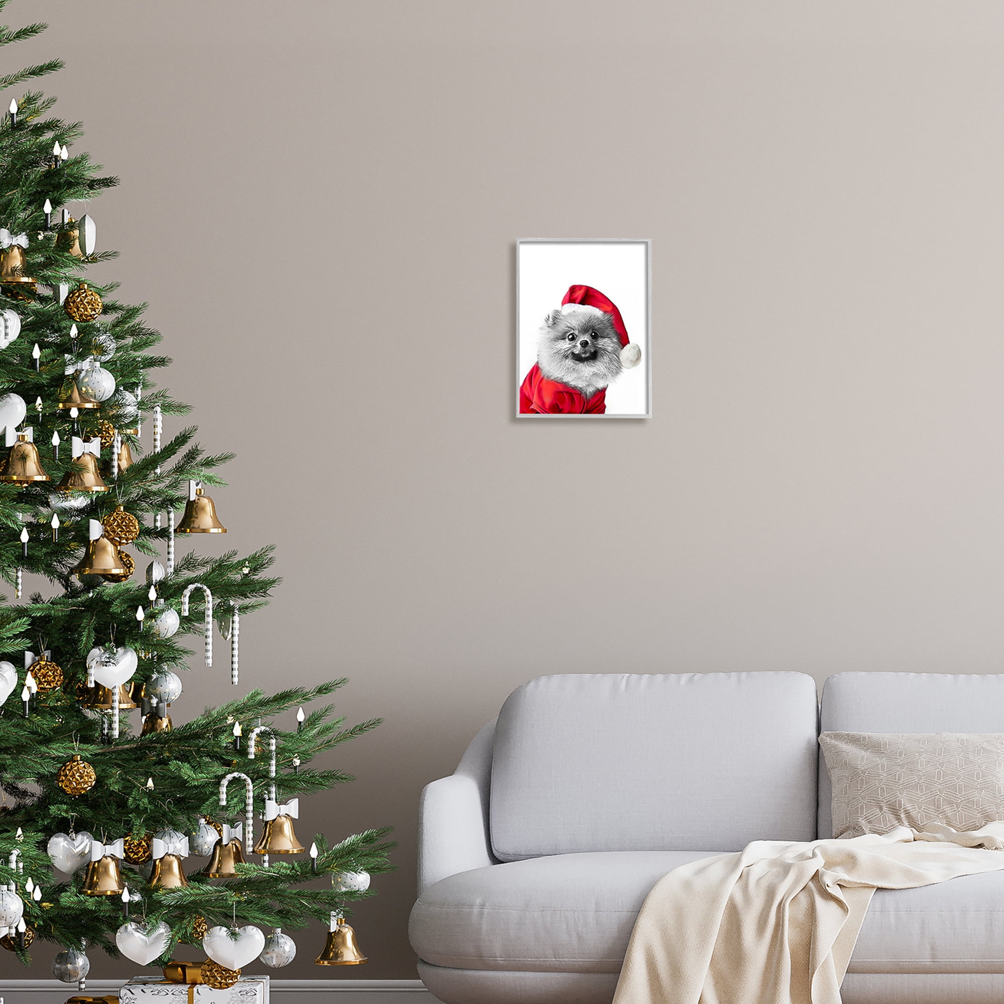 Stupell Industries Pomeranian in Santa Hat Holiday Painting Gray Framed Art Print Wall Art, 11 x 14