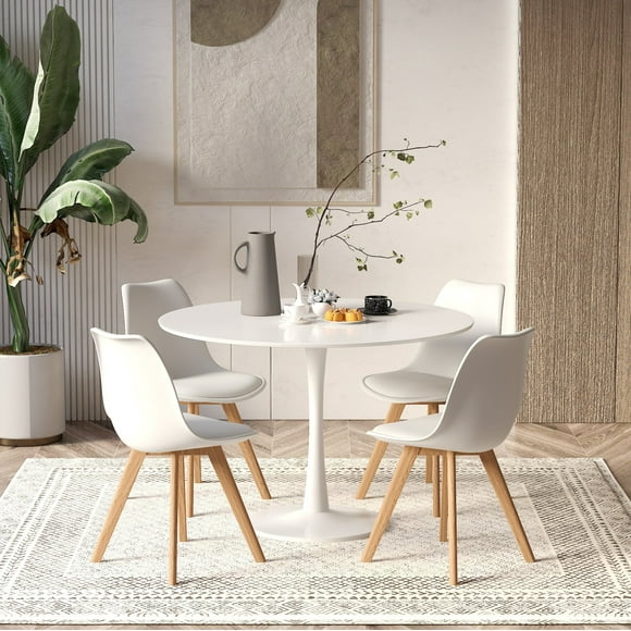 Modern White Dining Table Set for 4 Featuring White Dining Table with 4 White Dining Chairs - Space Saving