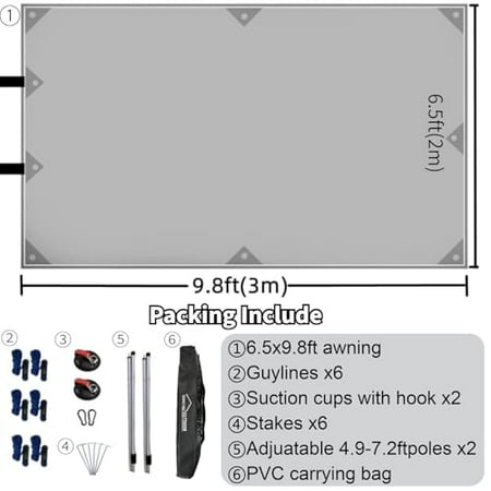 DANCHEL OUTDOOR Portable Suction Cups Car Awning 7.7lbs, Needn't Roof Rack Hardwares, Waterproof Vehicle Tarp Camper Awning Truck SUV Overlanding Accessories (Gray,6.5ftx9.8ft)