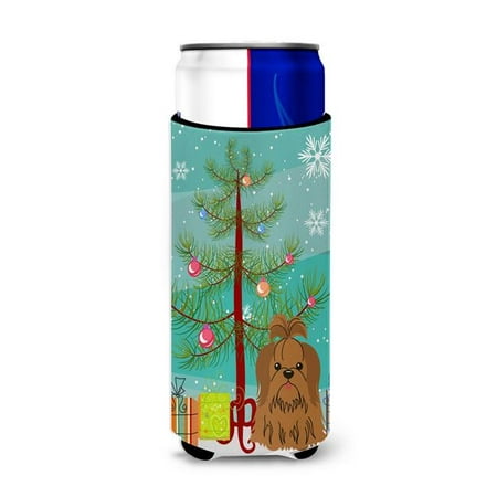 

Merry Christmas Tree Shih Tzu Silver & Chocolate Michelob Ultra Hugger for Slim Cans
