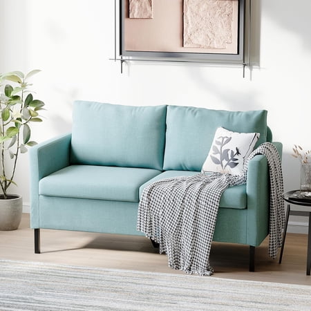 TYBOATLE 51" W Linen Fabric Upholstered Modern Loveseat Sofa Couch for Living Room, Love Seats 2-Seater Furniture w/Iron Legs for Compact Space, Apartment, Bedroom, Dorm, Office, Aqua Blue