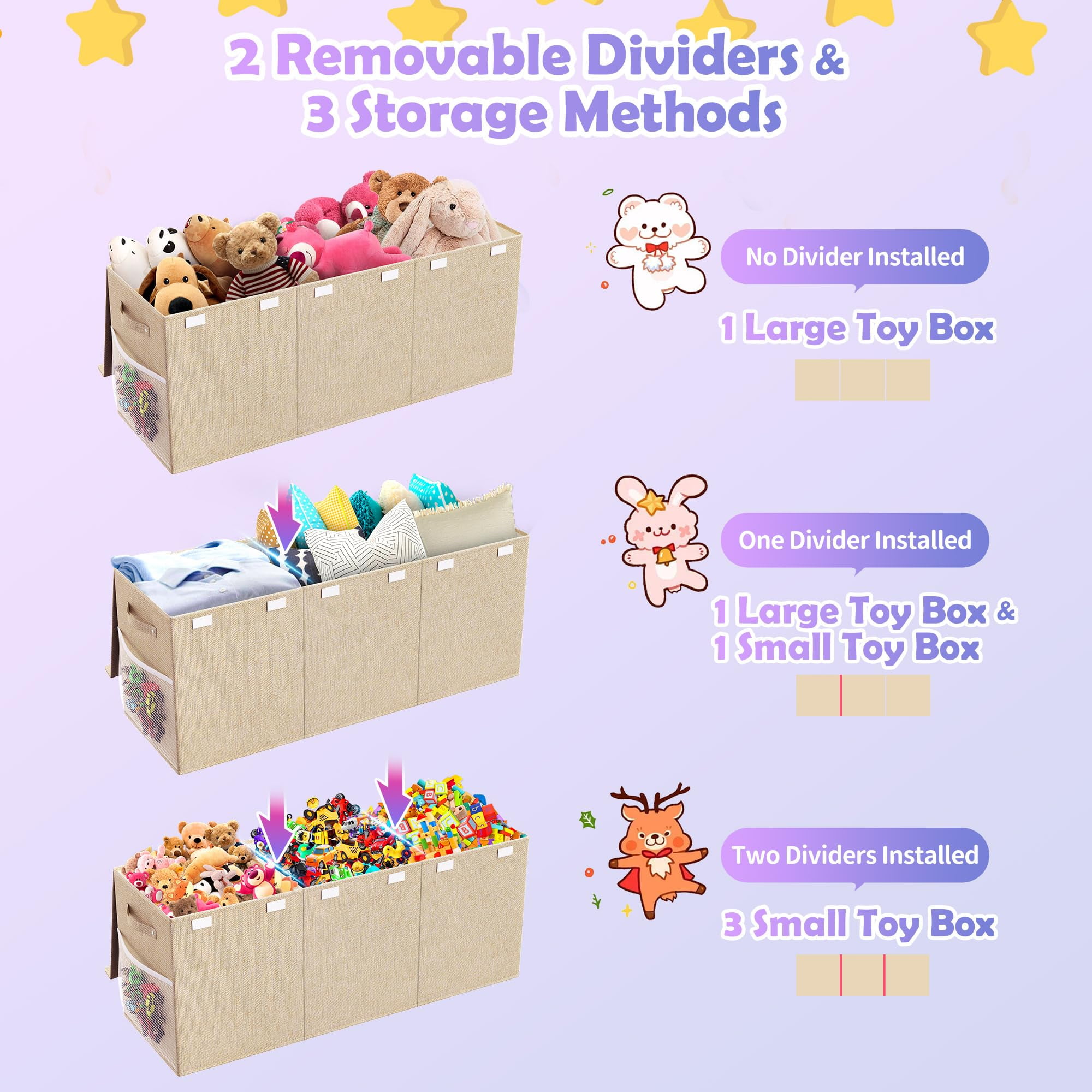 Extra Large Toy Box, Collapsible Sturdy Kids Toy Chest Storage Box with 3 Side bags and Removable Lids, 40"X14"X16"，large toy box for Nursery Room, Playroom,Closet,Home Organization,School，Deep beige