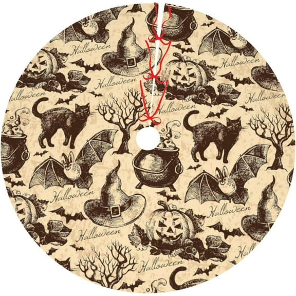 Vintage Halloween Bat Black Cat Witch Pumpkin 30 36 48 Inch Christmas Tree Skirt Carpet Mat Funny Party Decor Supplies for Xmas Halloween Decorations Occasion Ornament