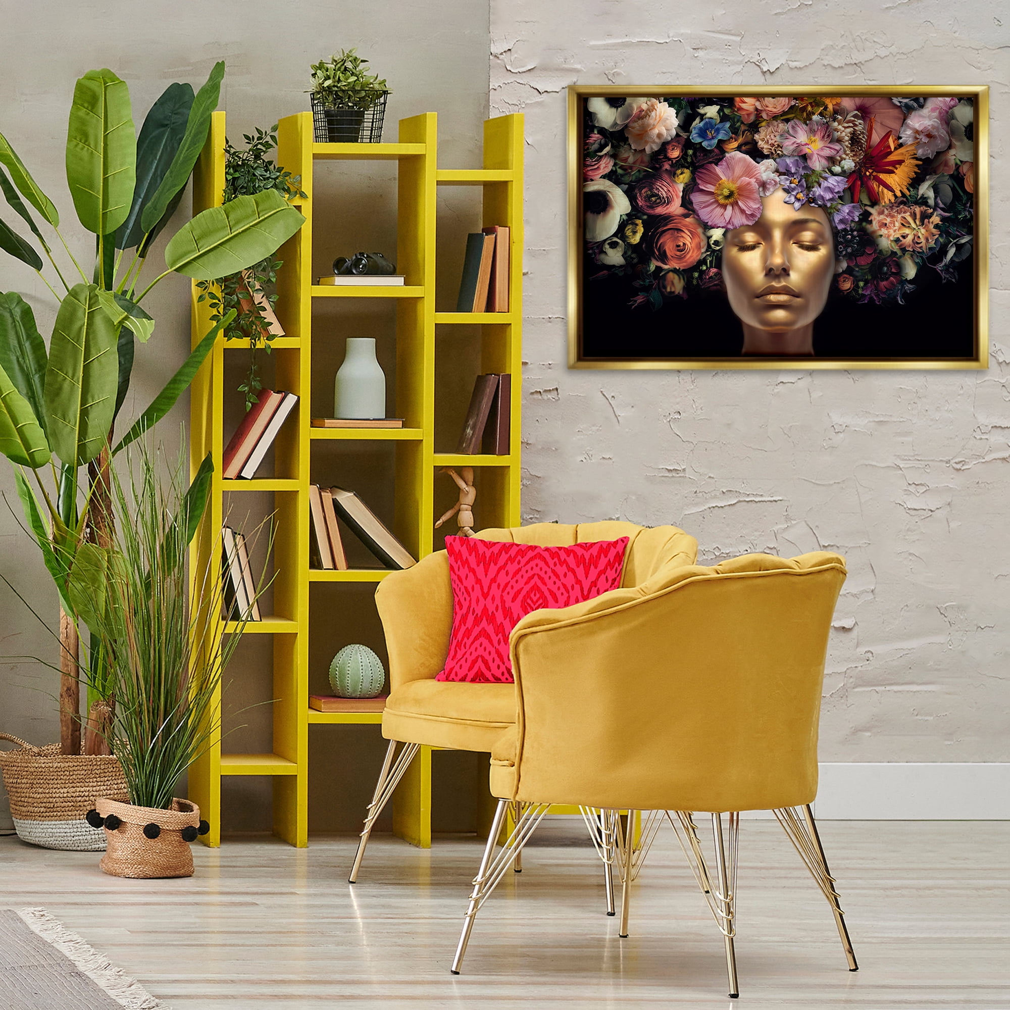 Stupell Industries Gold Face with Flowers Plants & Flowers Painting Gold Floater Framed Canvas Art Print Wall Art, 31 x 21